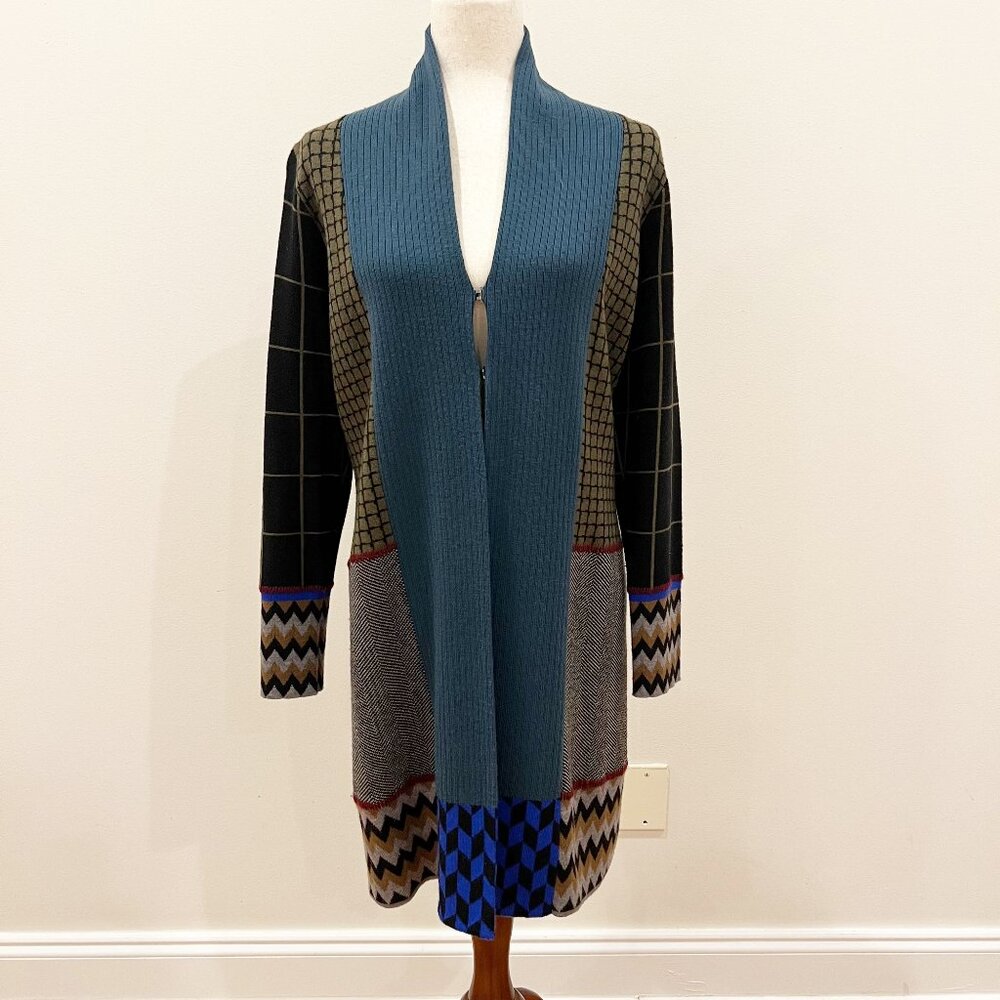 Per Se Carlisle Cardigan Duster Small Blue Green Merino Wool Abstract Geometric